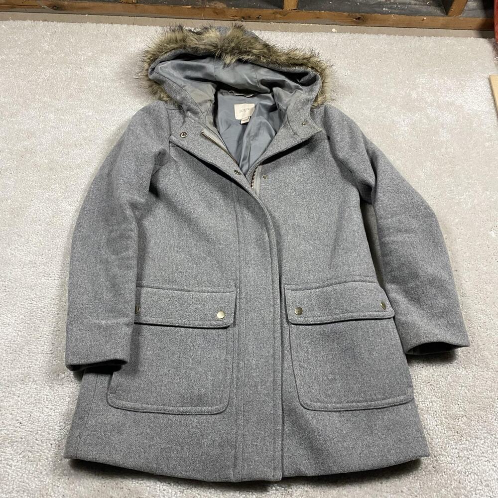 J.Crew Coat Womens 0 Gray Wool Blend Hooded Parka Faux Fur Trim Pockets Lined